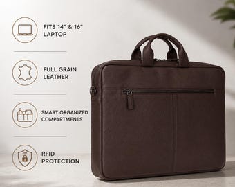 Personalized Leather Laptop Bag 14 16 inch, Full Grain Leather Briefcase for MacBook Pro Air, RFID Business Work Bag, Men's Messenger Bag