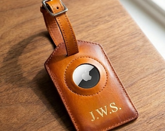 Personalized Leather AirTag Luggage Tag, Monogrammed Travel Gift for Him, Handcrafted Suitcase ID Holder