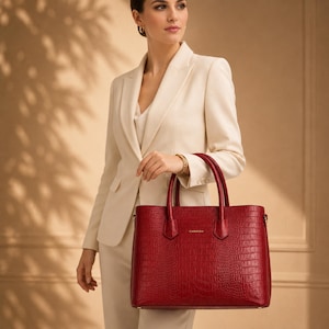 Elegant woman carrying Croco Red executive leather handbag