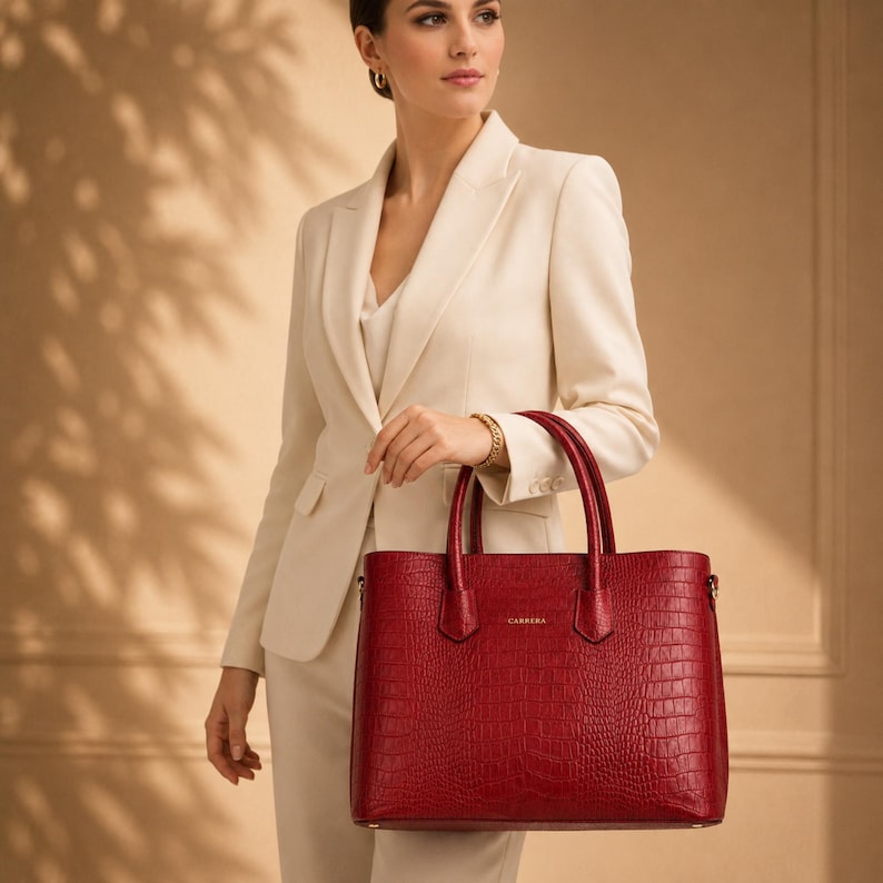 Elegant woman carrying Croco Red executive leather handbag