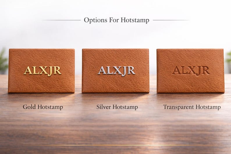 May include: Three brown leather boxes with the letters "ALXJR" hot stamped in gold, silver, and transparent. The text "Options For Hotstamp" is above the boxes. The boxes are on a wooden surface.