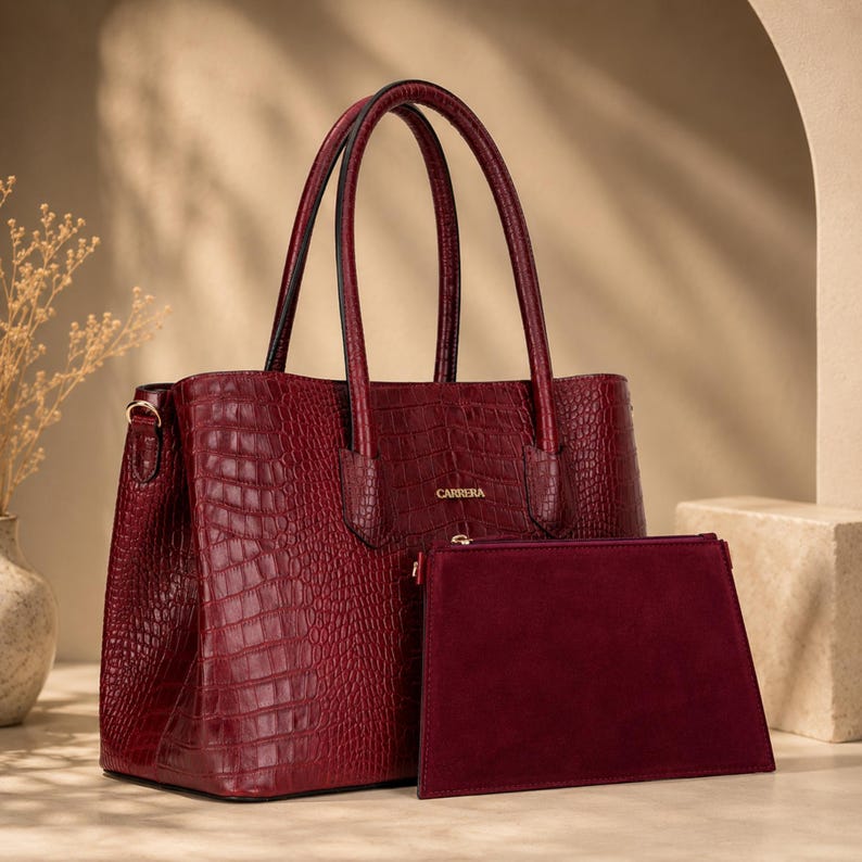 Croco Bourdeaux full grain leather tote bag for women with matching pouch