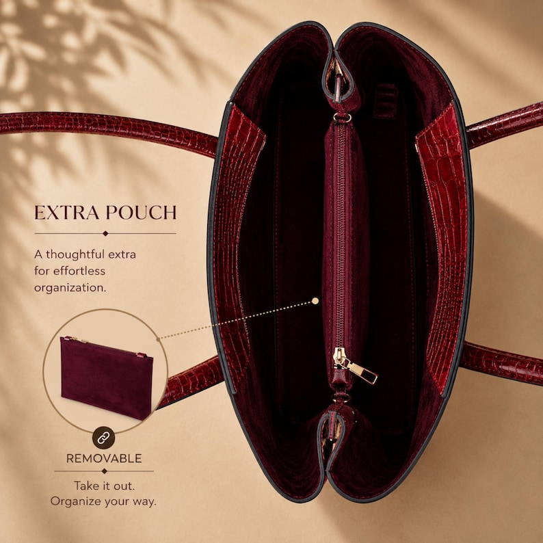 Luxury tote bag with removable matching leather organizer pouch