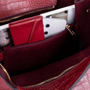 Spacious full grain leather tote interior with organized compartments