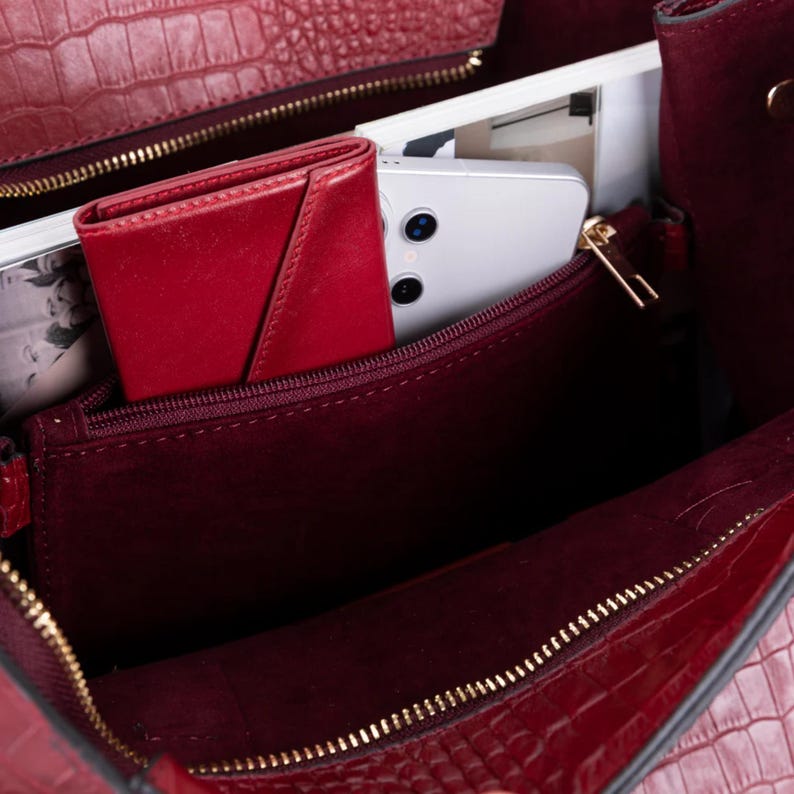 Spacious full grain leather tote interior with organized compartments