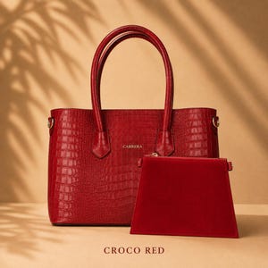 Croco Red full grain leather tote handbag with matching organizer pouch