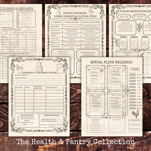 May include: A set of five cream-colored printable pages titled Registry of Health & Compliance, Chicken Infirmary, Poultry Pantry & Nutrition Guide, Infirmary & Treatment Record, and Annual Flock Wellness, featuring black text and line art illustrations.