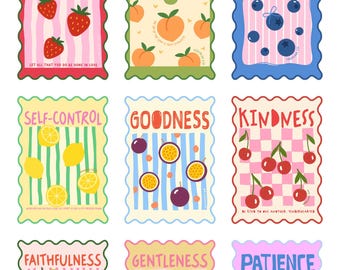 May include: Nine colorful art prints with scalloped edges, each featuring a word like "Love" or "Joy" and related illustrations such as strawberries, peaches, and avocados. Each print has a unique color scheme and text.