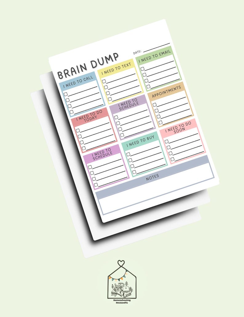 May include: A Brain Dump notepad with colorful sections for tasks like calls, texts, and emails. The notepad has a clean, organized layout with checkboxes and space for notes, ideal for daily planning and organization.