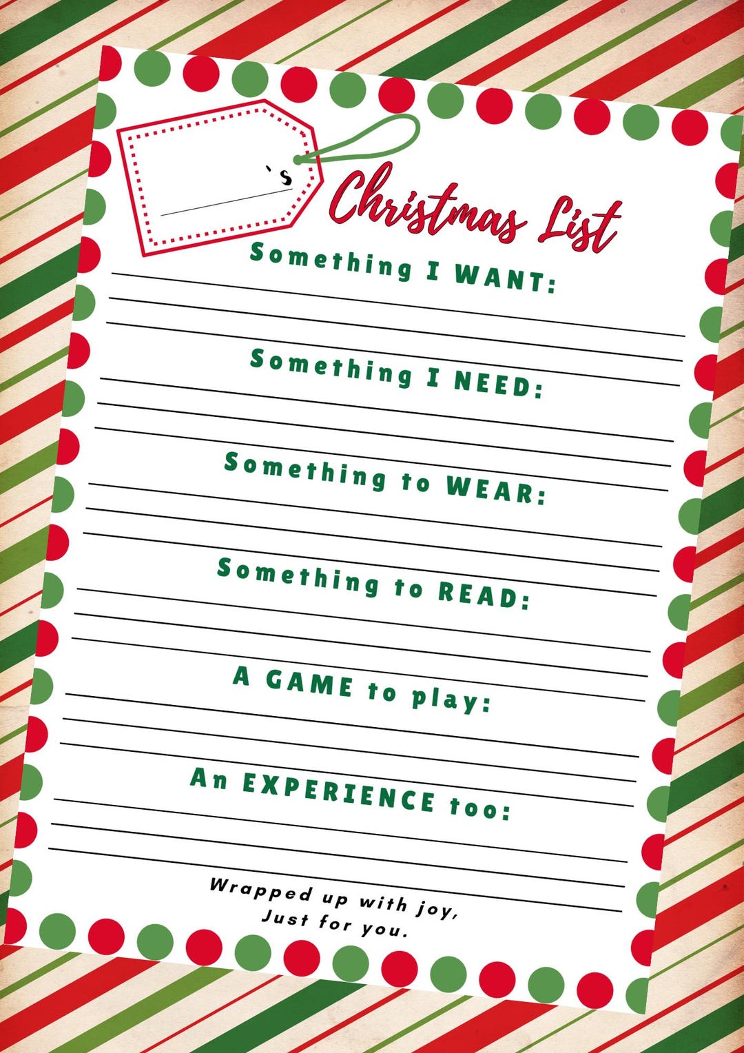 Christmas List Printable – Holiday Wishlist for Kids & Adults INSTANT ...