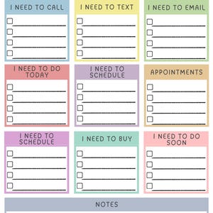 May include: A colorful "Brain Dump" notepad with sections for tasks like calls, texts, and emails. Includes checkboxes and space for notes. The notepad is designed to help organize daily tasks.