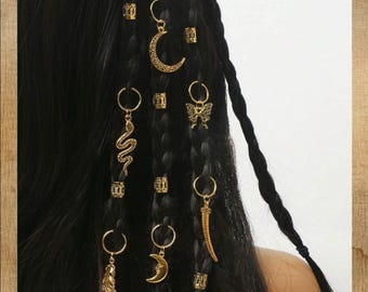 26Pc Gold Hair Rings With Charms, Moon, Snake, Butterfly Hair Jewelry, Braids And Locs Accessories, Boho Festival Hair, Gift For Her