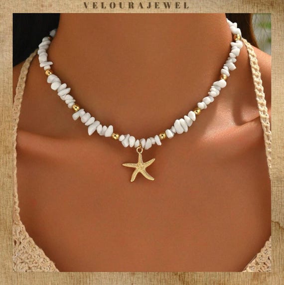White Beaded Choker Necklace, Gold Starfish Pendant, Coastal