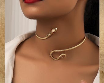 Gold Snake Choker Necklace, Serpent Cuff Collar, Statement Jewelry For Women, Adjustable Stainless Steel Glam Style, Gift For Her