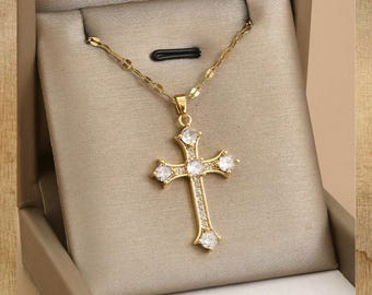 Gold Cross Necklace for Women, Rhinestone Cubic Zirconia Pendant, Stainless Steel Faith Jewelry, Elegant Religious Gift, Gift for Her