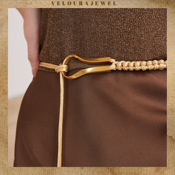 fancy gold belts for dresses Braided Gold Waist Belt, U Buckle Knot Design For Dresses Evening Outfits, Stylish Adjustable Accessory, Gift For Women, Gift For Her