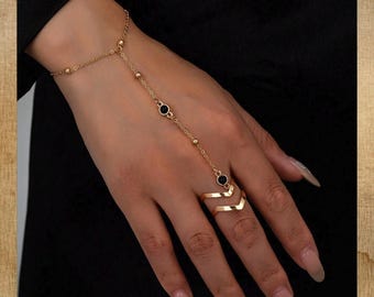 Gold Beaded Hand Chain With Black Stone, Minimalist Adjustable Bracelet Ring For Women, Elegant Boho Jewelry Accessory, Gift For Her
