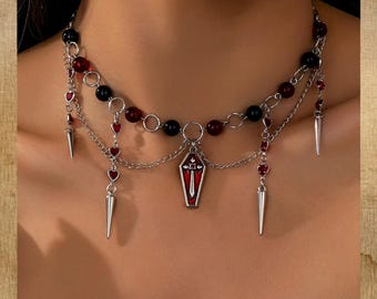 Gothic Vampire Choker Necklace, Dark Red Coffin Pendant with Spikes, Halloween Punk Jewelry for Women, Alternative Gothic Gift, Gift for Her