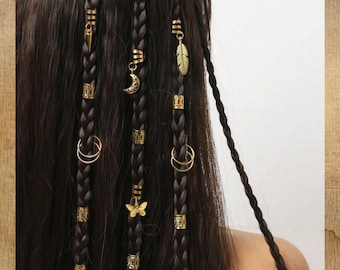 Gold Hair Charms Set, 25pcs Dreadlock Rings With Moon, Leaf, and Butterfly Charms, Women Hair Rings ,Gift for Women, Gift for Her