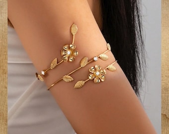 Gold Floral Arm Cuff for Women , Adjustable Leaf and Flower Metal Arm Cuff, Boho Statement Jewelry, Summer Arm Cuff, Festival Jewelry, Gifts