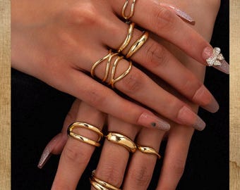 7Pcs Gold Chunky Ring Set, Minimalist Stacking Metal Bands, Womens Statement Style, Trendy Jewelry, Gift For Her