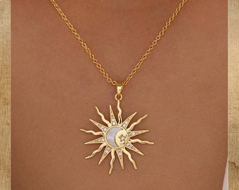 Gold Sun And Moon Pendant Necklace, Celestial Acrylic Inlay Clavicle Chain, Astrology Inspired Jewelry,Birthday Or Anniversary, Gift For Her