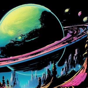 Digital Druck eines Neon Markt unter dem Saturn Himmel