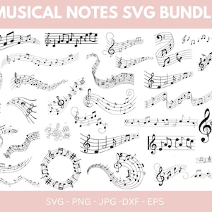 May include: A collection of black and white musical notes and symbols, including treble clefs, quarter notes, and eighth notes. The image features various arrangements of musical notation, suitable for music-themed projects.