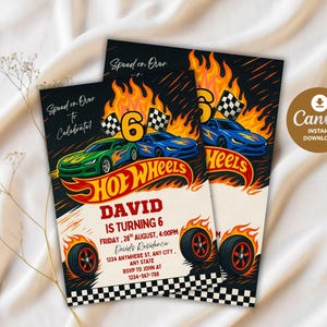 May include: Two Hot Wheels-themed birthday party invitations. The design features a green and blue race car with flames, the text "Hot Wheels", and the number 6. The invitations include event details and the text "Speed on Over to Celebrate!"