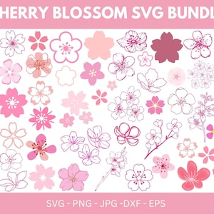 May include: A collection of cherry blossom designs in various shades of pink, from light to dark, and outlines. The image includes the text "CHERRY BLOSSOM SVG BUNDLE" at the top and file type information at the bottom.