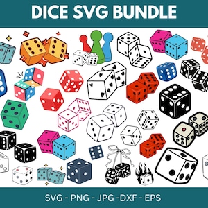 Può includere: Illustrazione di un set di dadi in vari colori e stili. L'immagine include dadi con diversi numeri di punti, alcuni con cuori e altri con fiamme. Il testo in alto recita "DICE SVG BUNDLE".