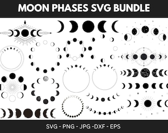 May include: A black and white SVG bundle featuring various moon phase designs. The image includes crescent moons, full moons, and phases arranged in circles and decorative patterns. Text at the top reads "MOON PHASES SVG BUNDLE". The bottom text indicates file formats: SVG, PNG, JPG, DXF, and EPS.