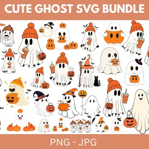 May include: A collection of cute ghost illustrations in various poses, wearing orange beanies, holding pumpkins, and drinks. Some ghosts have witch hats and brooms. The text "CUTE GHOST SVG BUNDLE" is at the top, with "PNG - JPG" at the bottom.