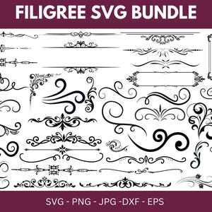 May include: A collection of black filigree SVG designs on a white background. The designs include various decorative elements such as swirls, borders, and frames. The text "FILIGREE SVG BUNDLE" is at the top, and "SVG - PNG - JPG - DXF - EPS" is at the bottom.