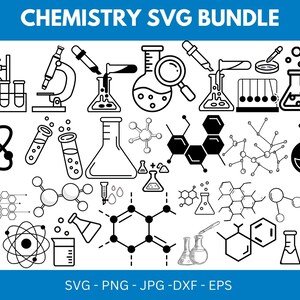 Op de afbeelding: Zwart-wit SVG-bundel met illustraties over chemie, waaronder laboratoriumapparatuur zoals bekers, kolven, microscopen en moleculaire structuren. De tekst "CHEMISTRY SVG BUNDLE" staat bovenaan, met bestandsformaten onderaan.