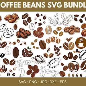 Könnte beinhalten: Eine Sammlung von Kaffeebohnen-Illustrationen in verschiedenen Stilen, darunter detaillierte Zeichnungen und Umrisse. Das Bild zeigt ganze Bohnen, Bohnencluster und einen Kaffeesack, mit dem Text "COFFEE BEANS SVG BUNDLE".