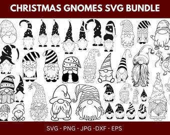 May include: Black and white line art illustrations of Christmas gnomes in various poses and hat styles. The image includes the text "CHRISTMAS GNOMES SVG BUNDLE" at the top and "SVG - PNG - JPG - DXF - EPS" at the bottom.