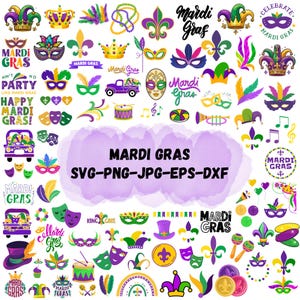 Könnte beinhalten: Eine Sammlung von Mardi-Gras-Grafiken in Lila, Grün und Gold. Das Bild zeigt Masken, Kronen, Fleur-de-Lis und Textelemente wie "Mardi Gras" und "Happy Mardi Gras!" in verschiedenen Schriftarten.