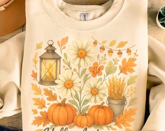 Hello Pumpkin PNG, Boho Floral Pumpkin PNG, Vintage Autumn Aesthetic Sublimation Design, Cottagecore Pumpkin PNG, Fall Vibes Digital Art