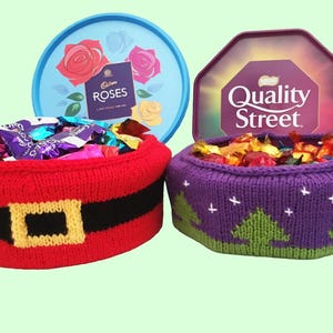 Knitting pattern for Christmas chocolate tub holders. 2 designs for Quality Street, Roses etc. Santa belt and Christmas trees.