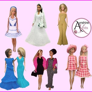 May include: A selection of hand-knitted doll outfits. The image shows a white wedding dress, a blue and white dress, and a gold jumpsuit. Other outfits include a black dress with a pink shawl, and pink and white checkered dresses. The Ayrshire Knits logo is visible.
