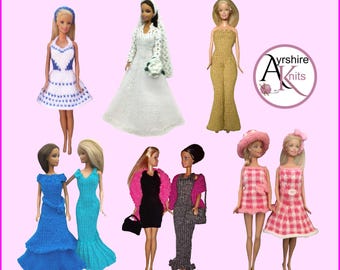 Modelli di vestiti per bambole Barbie da lavorare a maglia: modelli da sera, da cerimonia e da giorno (modello PDF)
