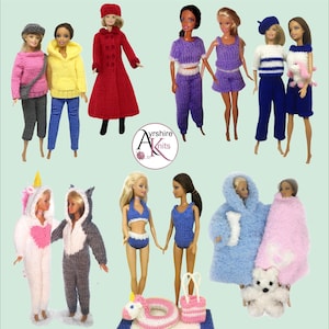 May include: A selection of dolls showcasing knitted clothing. The dolls are dressed in sweaters, coats, and pyjamas in shades of pink, yellow, red, and blue. Some dolls are wearing hats and carrying accessories.