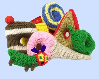 Knitting pattern for hungry caterpillars with lots of food, cocoon and  butterfly
