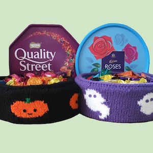 Knitting pattern for 2 Halloween chocolate tub covers - fits Roses, Quality Street, Celebrations