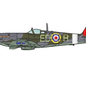 May include: Embroidered image of a World War II era fighter plane. The plane is primarily green and grey with camouflage patterns. The plane has the text "EDOR" and a roundel on the fuselage. The tail features a red, white, and blue flag.