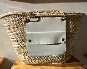 handmade straw tote bag with white leather handles and front pocket moroccan basket summer beach bag