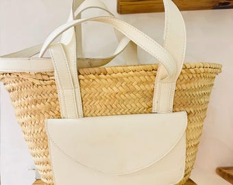 straw bag with white leather handles handmade moroccan basket, french market tote, boho beach bag, woven palm leaf tote