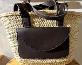 handmade straw tote bag with dark brown leather flap pocket and straps moroccan basket summer beach bag