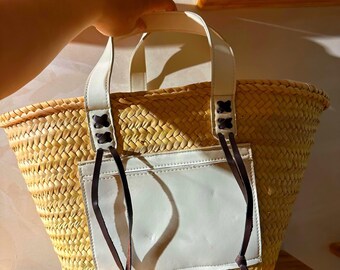 handmade straw tote bag with white leather pocket and black lace details moroccan basket summer beach bag